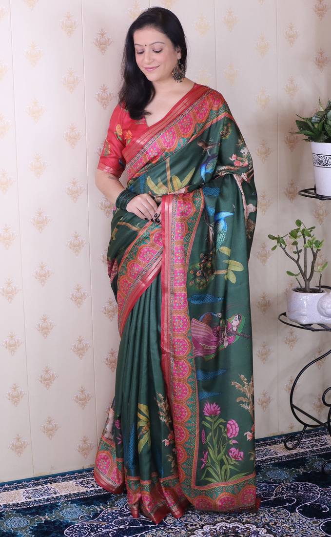 soft tussar silk blend pichwai traditional printed zari woven saree
