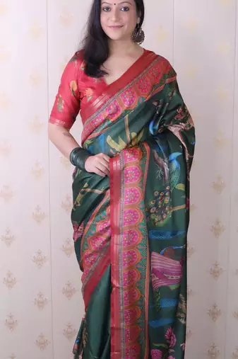 soft tussar silk blend pichwai traditional printed zari woven saree