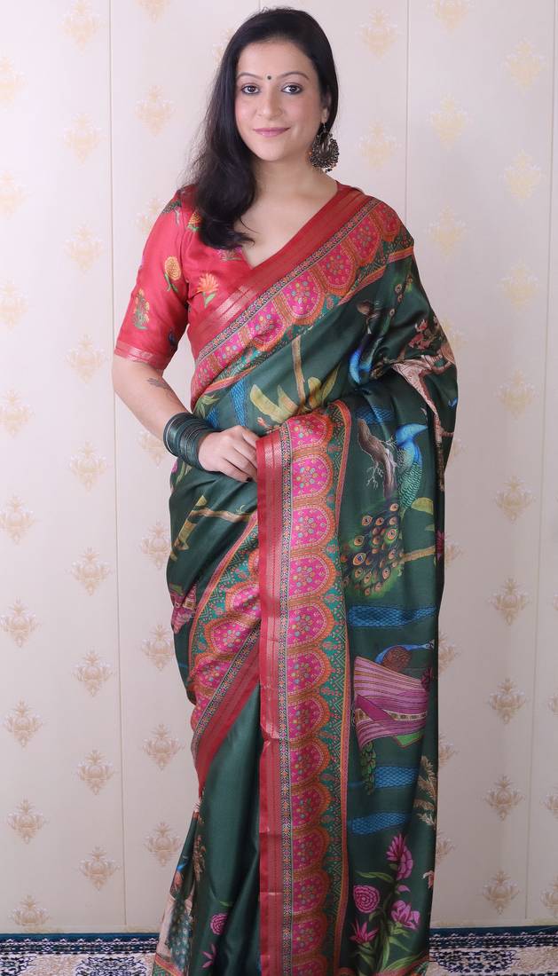 soft tussar silk blend pichwai traditional printed zari woven saree
