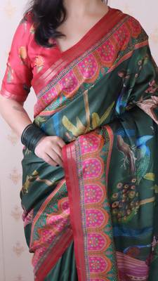 soft tussar silk blend pichwai traditional printed zari woven saree 4