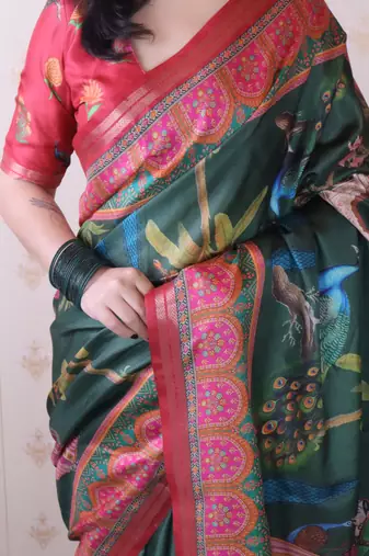 soft tussar silk blend pichwai traditional printed zari woven saree
