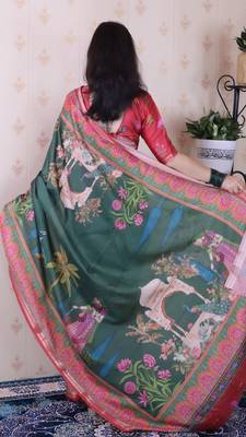 soft tussar silk blend pichwai traditional printed zari woven saree 5