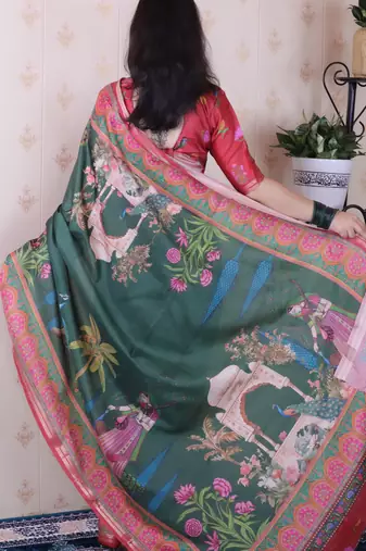 soft tussar silk blend pichwai traditional printed zari woven saree