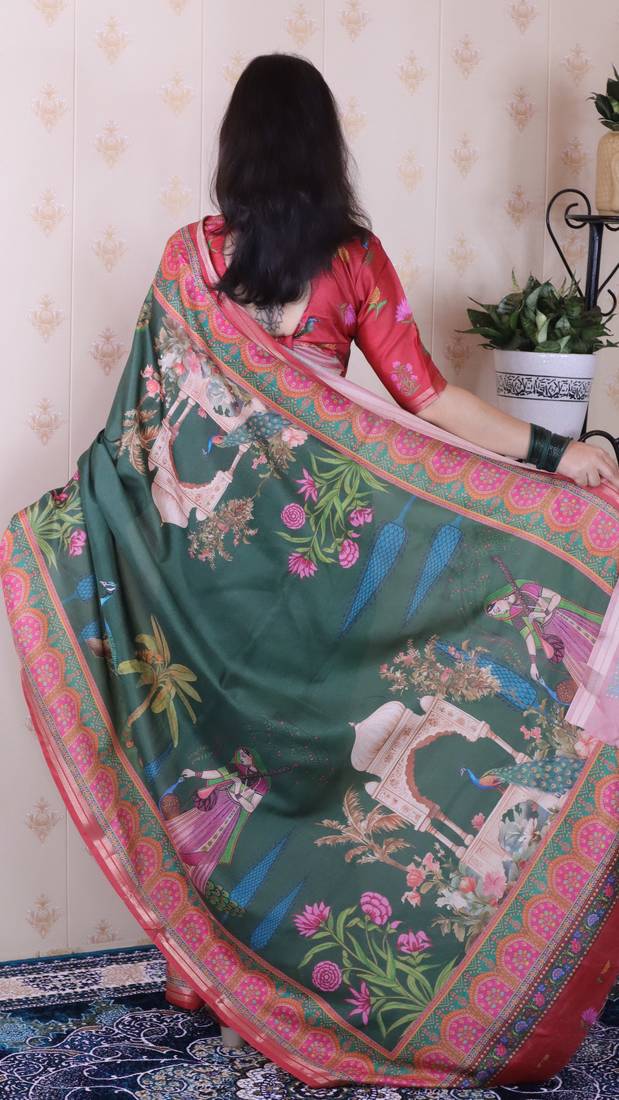 soft tussar silk blend pichwai traditional printed zari woven saree