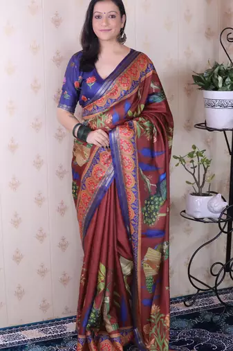 soft tussar silk blend pichwai traditional printed zari woven saree