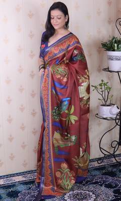 soft tussar silk blend pichwai traditional printed zari woven saree 2