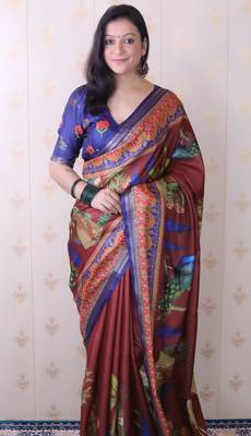 soft tussar silk blend pichwai traditional printed zari woven saree 3