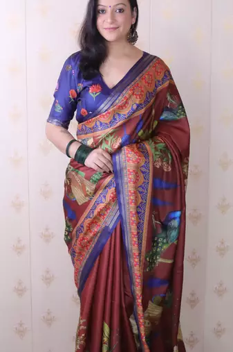 soft tussar silk blend pichwai traditional printed zari woven saree