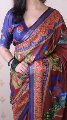 soft tussar silk blend pichwai traditional printed zari woven saree 4