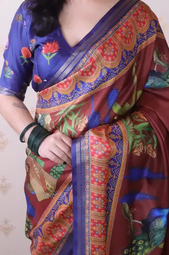 soft tussar silk blend pichwai traditional printed zari woven saree