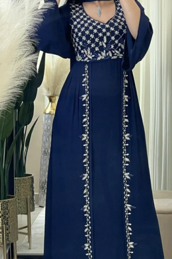 Royal Navy Blue Hand Embroidered Stitched Kaftan Dress – Elegant Party & Occasion Wear