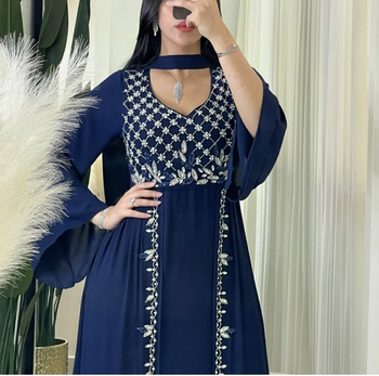Royal Navy Blue Hand Embroidered Stitched Kaftan Dress     Elegant Party & Occasion Wear 2