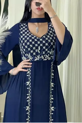 Royal Navy Blue Hand Embroidered Stitched Kaftan Dress – Elegant Party & Occasion Wear