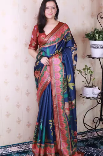 soft tussar silk blend pichwai traditional printed zari woven saree