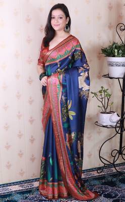 soft tussar silk blend pichwai traditional printed zari woven saree 2