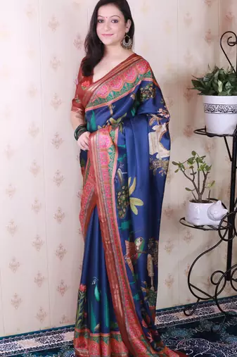 soft tussar silk blend pichwai traditional printed zari woven saree