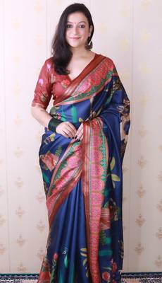 soft tussar silk blend pichwai traditional printed zari woven saree 3