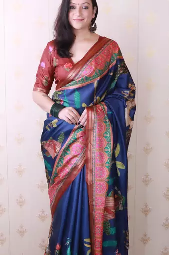 soft tussar silk blend pichwai traditional printed zari woven saree
