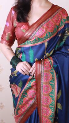 soft tussar silk blend pichwai traditional printed zari woven saree 4
