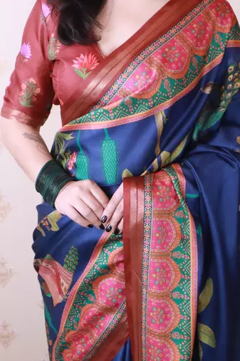 soft tussar silk blend pichwai traditional printed zari woven saree