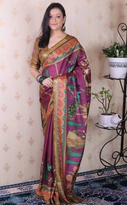 soft tussar silk blend pichwai traditional printed zari woven saree 2