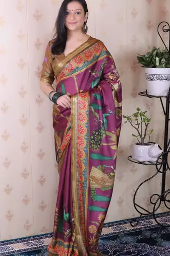 soft tussar silk blend pichwai traditional printed zari woven saree
