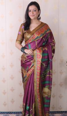 soft tussar silk blend pichwai traditional printed zari woven saree 3