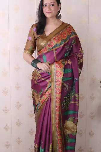 soft tussar silk blend pichwai traditional printed zari woven saree