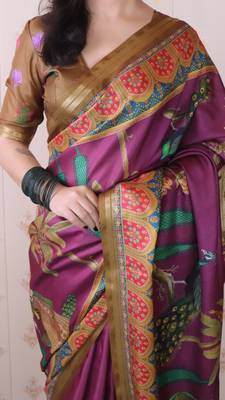 soft tussar silk blend pichwai traditional printed zari woven saree 4