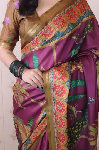soft tussar silk blend pichwai traditional printed zari woven saree