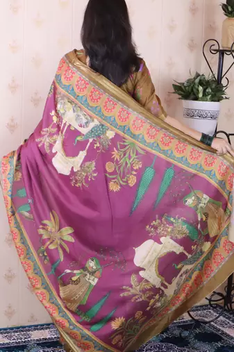 soft tussar silk blend pichwai traditional printed zari woven saree