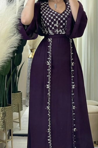 Luxury Wine Purple Hand Embroidered Georgette Kaftan – Elegant Party & Wedding Wear for Women