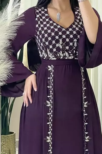 Luxury Wine Purple Hand Embroidered Georgette Kaftan – Elegant Party & Wedding Wear for Women