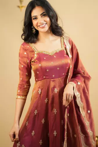 copper Cosmo embroidered sequin suit set with dupatta – elegant kali cut designer outfit