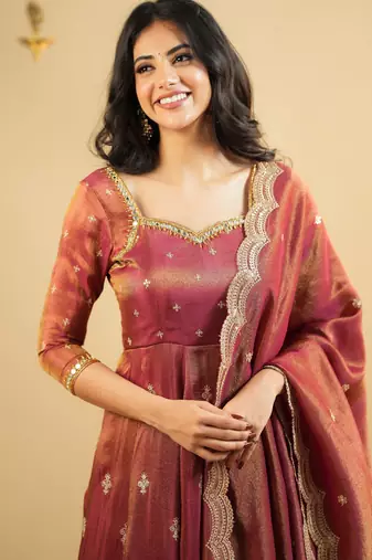 copper Cosmo embroidered sequin suit set with dupatta     elegant kali cut designer outfit