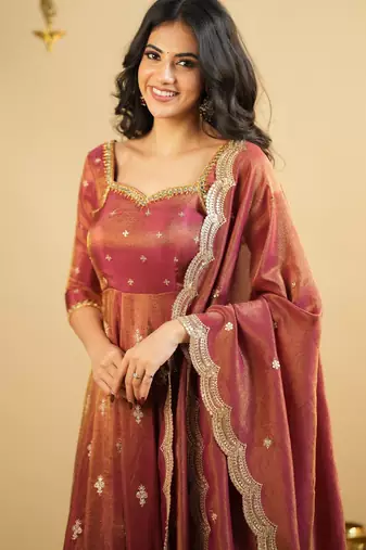 copper Cosmo embroidered sequin suit set with dupatta     elegant kali cut designer outfit