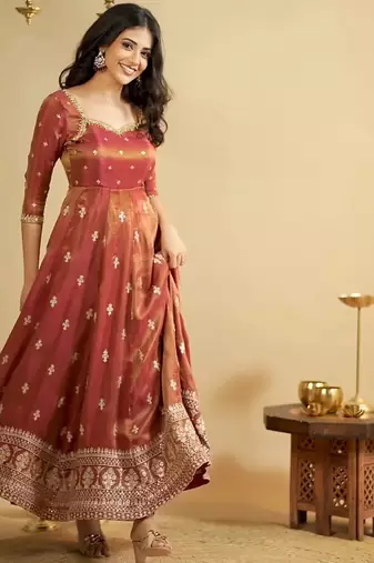 copper Cosmo embroidered sequin suit set with dupatta     elegant kali cut designer outfit