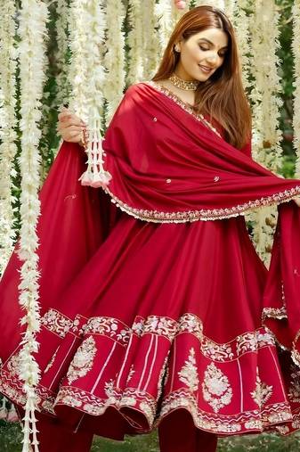 RED Roman silk embroidered sequin suit set with dupatta – elegant kali cut designer outfit