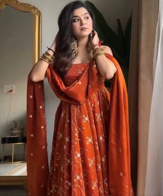 orange Kesriyanc silk embroidered sequin suit set with dupatta     elegant sleeveless kali cut designer outfit 1