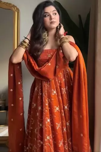 orange Kesriyanc silk embroidered sequin suit set with dupatta     elegant sleeveless kali cut designer outfit