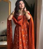 orange Kesriyanc silk embroidered sequin suit set with dupatta     elegant sleeveless kali cut designer outfit