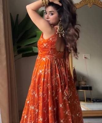 orange Kesriyanc silk embroidered sequin suit set with dupatta     elegant sleeveless kali cut designer outfit 2