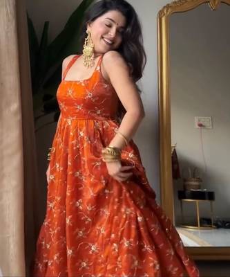 orange Kesriyanc silk embroidered sequin suit set with dupatta     elegant sleeveless kali cut designer outfit 3