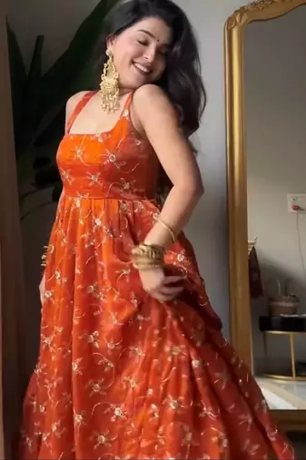 orange Kesriyanc silk embroidered sequin suit set with dupatta     elegant sleeveless kali cut designer outfit