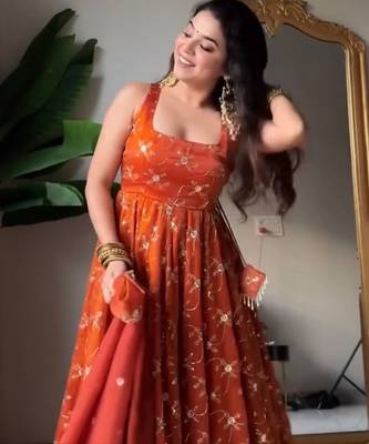 orange Kesriyanc silk embroidered sequin suit set with dupatta     elegant sleeveless kali cut designer outfit 5