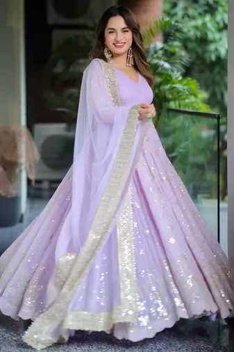 purple Faux blooming foil work anarkali suit set with dupatta – heavy sequin and zari embroidered designer outfit