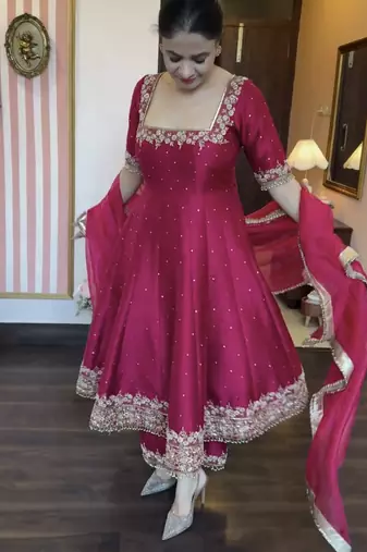 pink Pure vichitra silk straight kurta palazzo set with dupatta – elegant full sleeve designer outfit