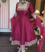 pink Pure vichitra silk straight kurta palazzo set with dupatta     elegant full sleeve designer outfit