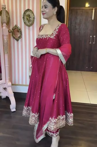 pink Pure vichitra silk straight kurta palazzo set with dupatta     elegant full sleeve designer outfit