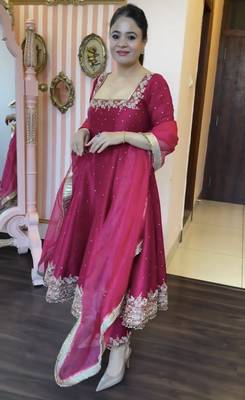 pink Pure vichitra silk straight kurta palazzo set with dupatta     elegant full sleeve designer outfit 3